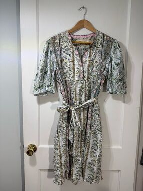 Lola Australia Boho Floral Belted Mini Dress in White, Green & Pink 100% Cotton